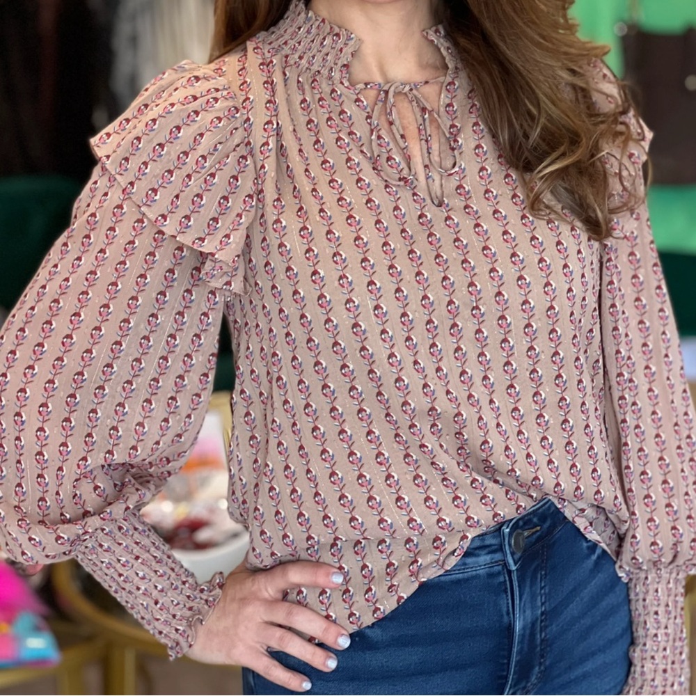 JOY🌸JOY size S tan w/red floral Puff Sleeve Ruffled Blouse w/ Mandarin Collar